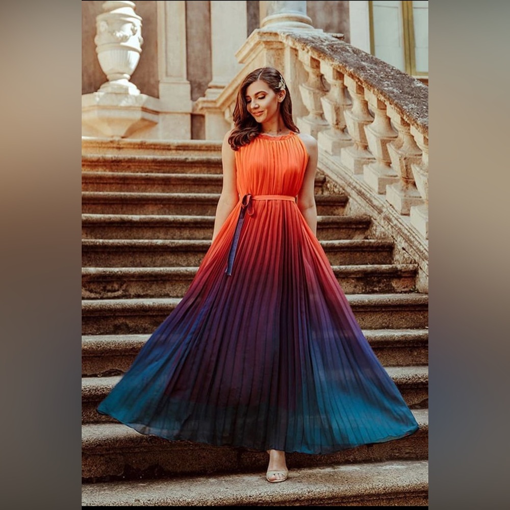 Fire and Ice Pleated Belted Dress Maxi Orange Teal Ombre - Gorgeous!